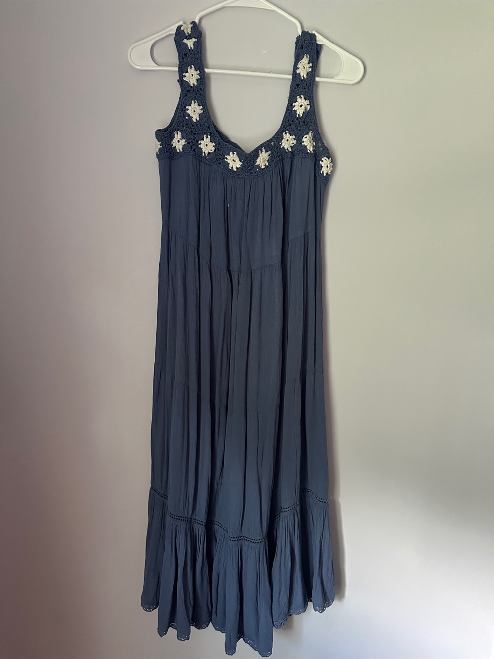 QVC 365 Blue Maxi Dress with White Crochet Trim — Sleeveless Boho Maxi